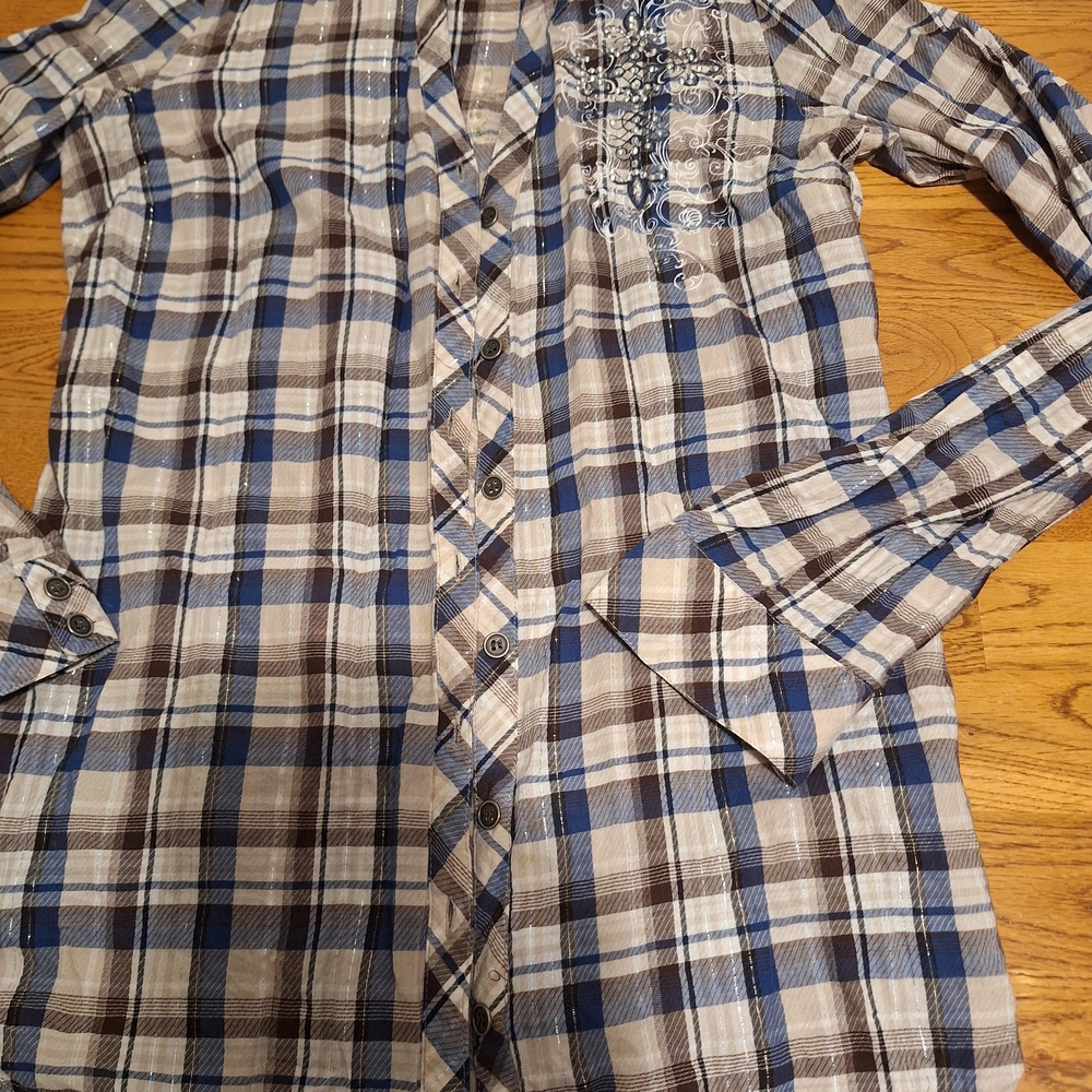 Womens Daytrip Blue and Brown Plaid Button Down Shirt